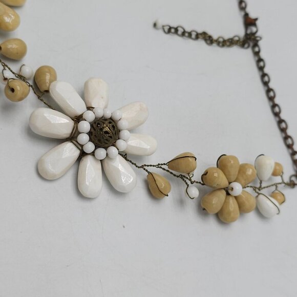 Boho Floral Necklace With Beige  White Polished Stones Chain Tassel Artisan - Picture 5 of 10